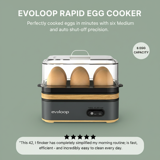 Evoloop Rapid Egg Cooker Electric 6 Eggs Capacity, Soft, Medium, Hard Boiled, Poacher, Omelet Maker Egg Poacher With Auto Shut-Off, BPA Free